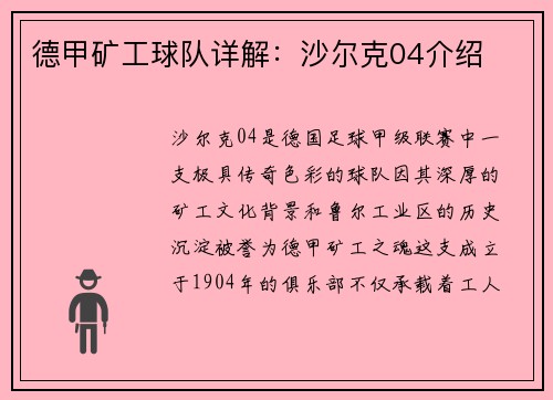 德甲矿工球队详解：沙尔克04介绍
